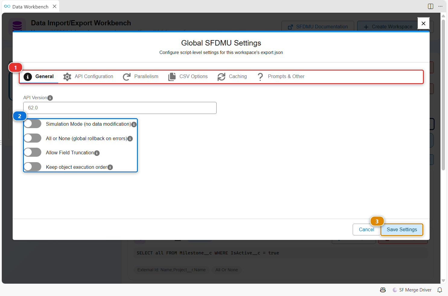 Global settings of a data workspace