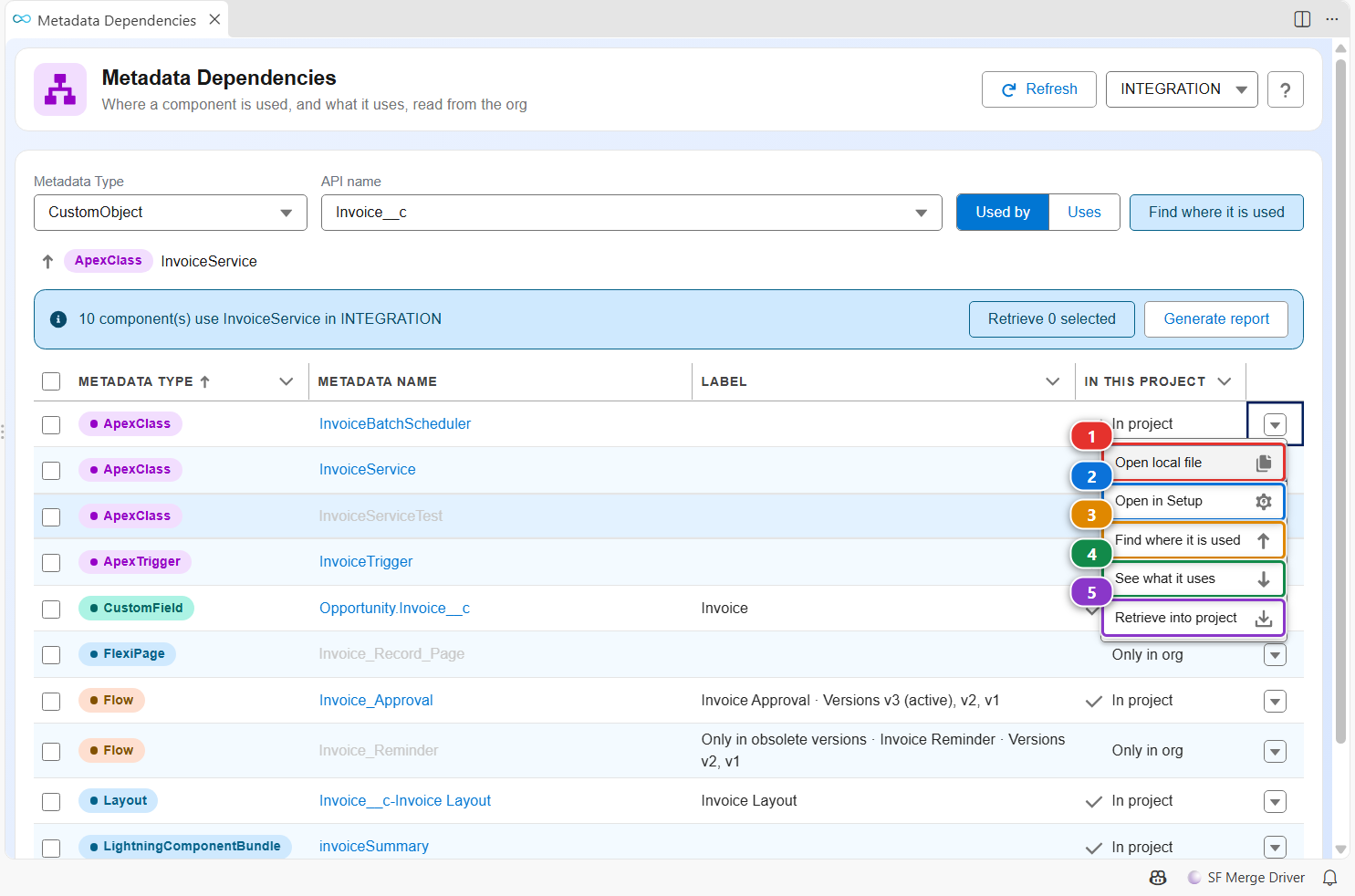 Row menu of Metadata Dependencies