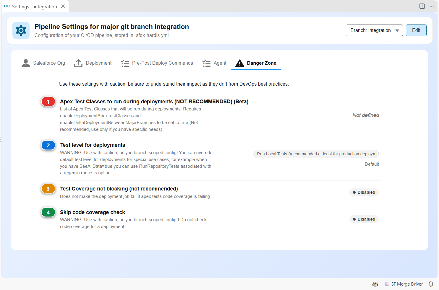 Pipeline Settings, Danger Zone of a branch