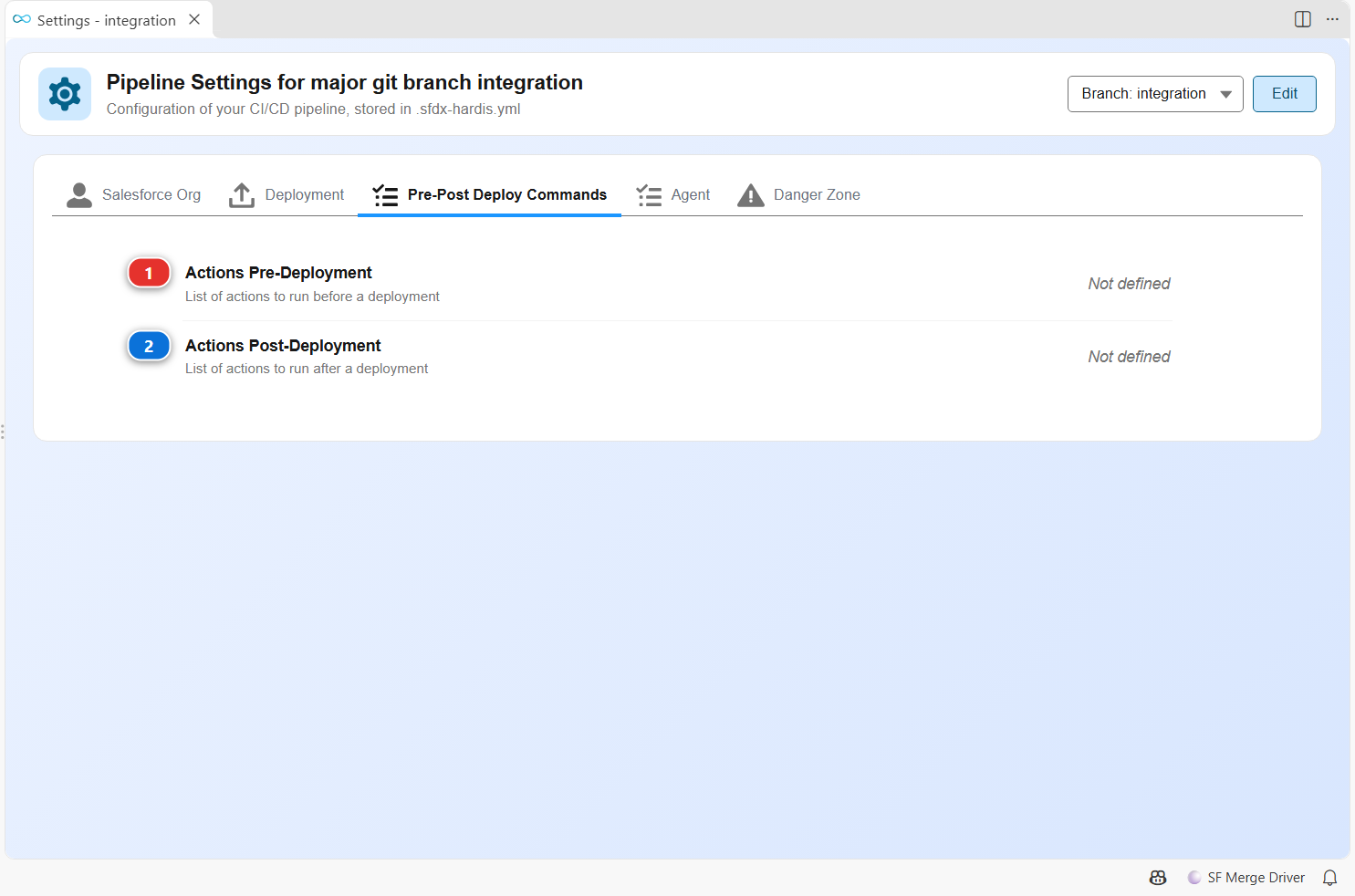 Pipeline Settings, Pre-Post Deploy Commands of a branch