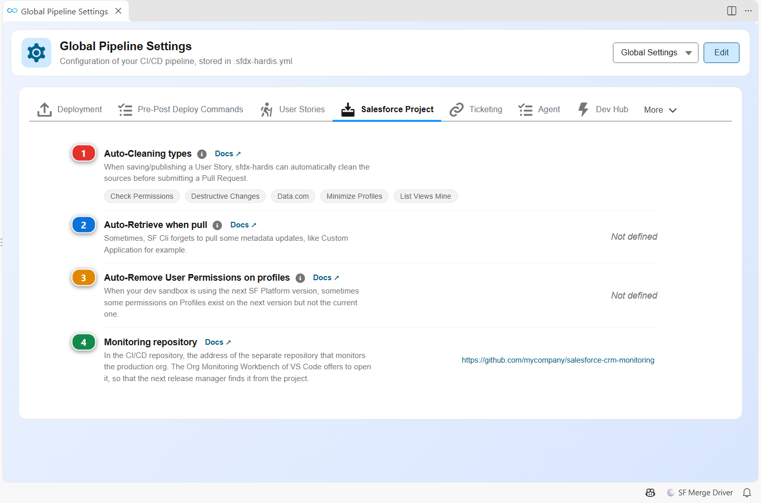 Pipeline Settings, Salesforce Project