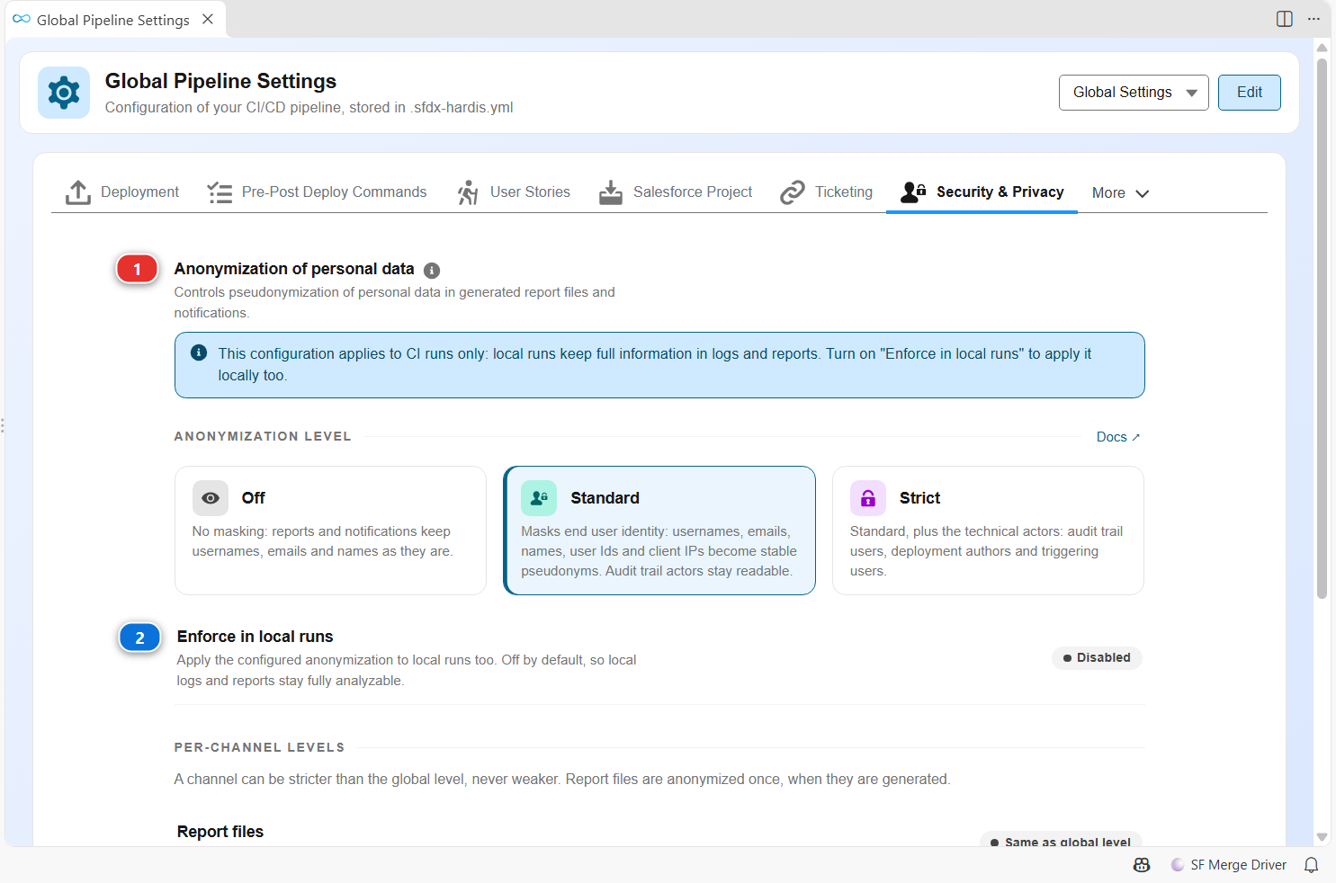 Pipeline Settings, Security & Privacy