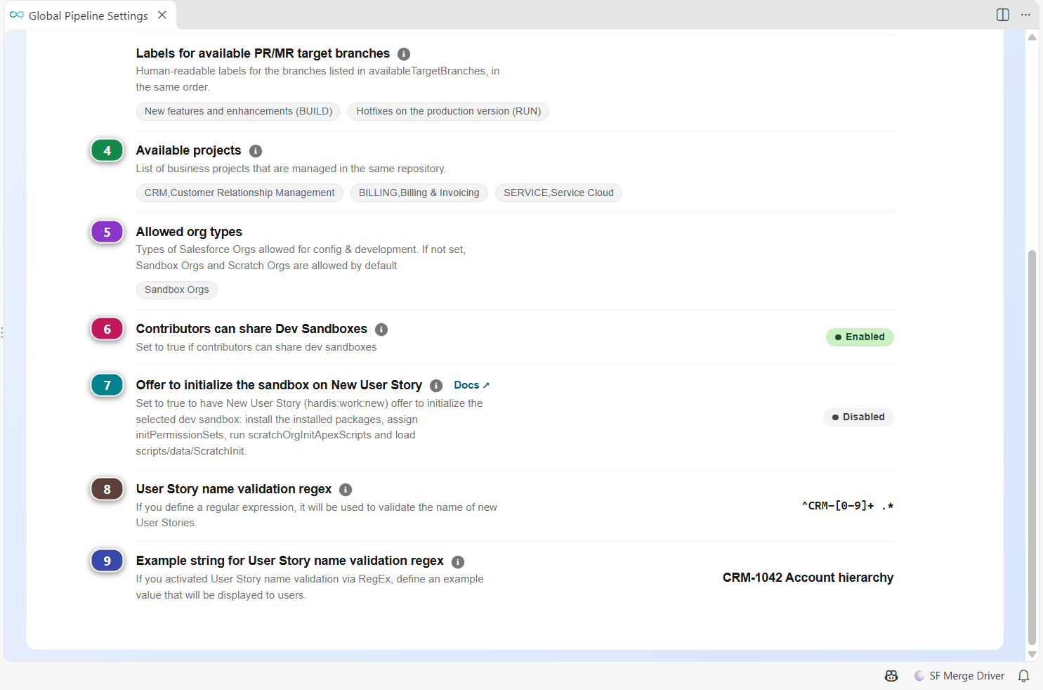Pipeline Settings, User Stories