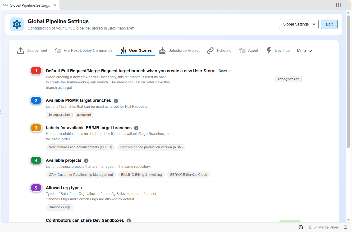 Pipeline Settings, User Stories