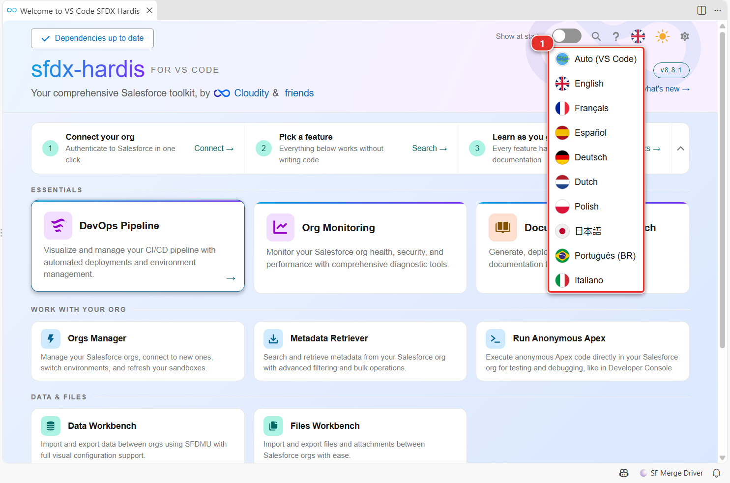 Language menu of the Welcome panel