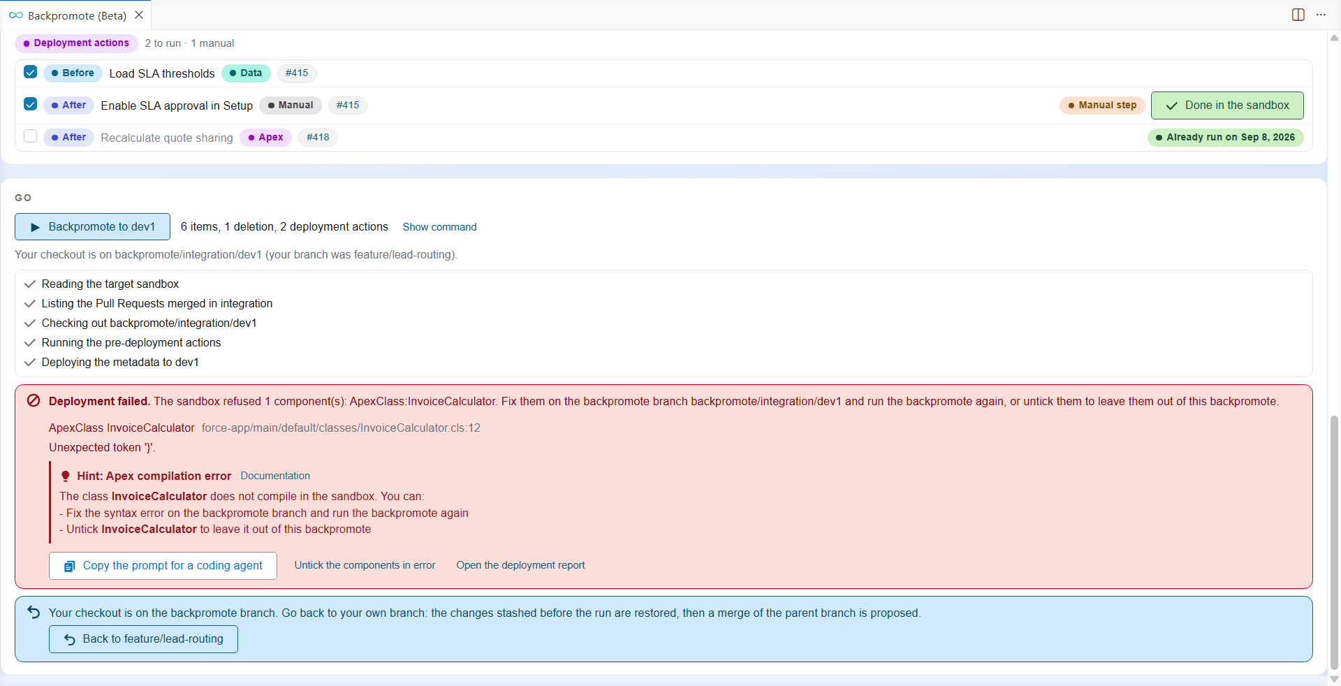 A failed deployment with its hint