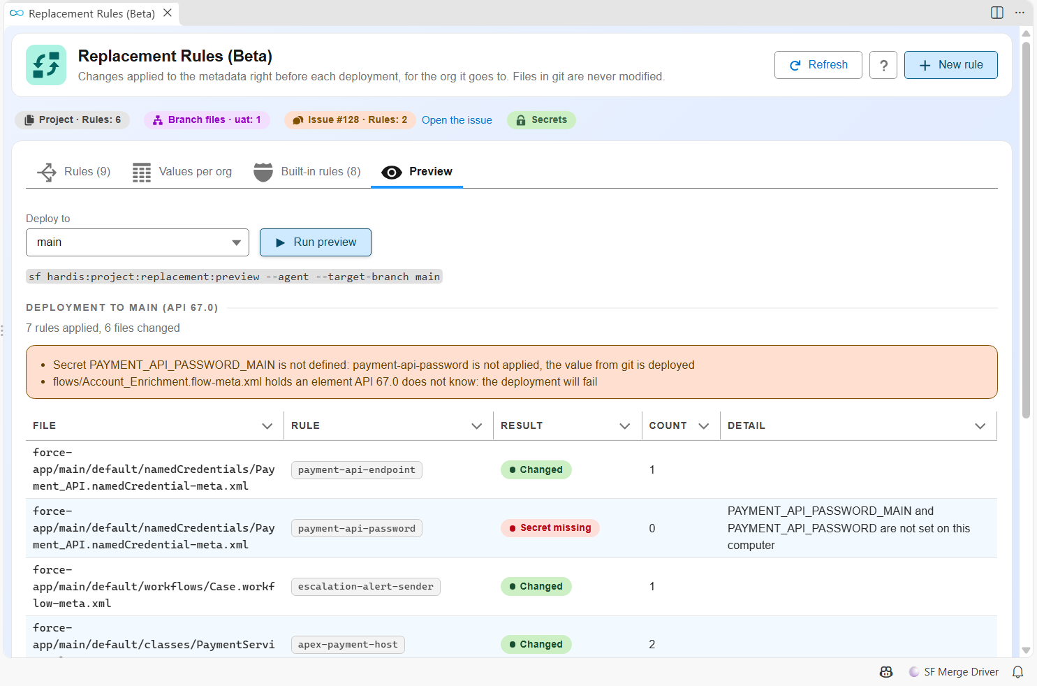 Preview of the rules for a deployment to production
