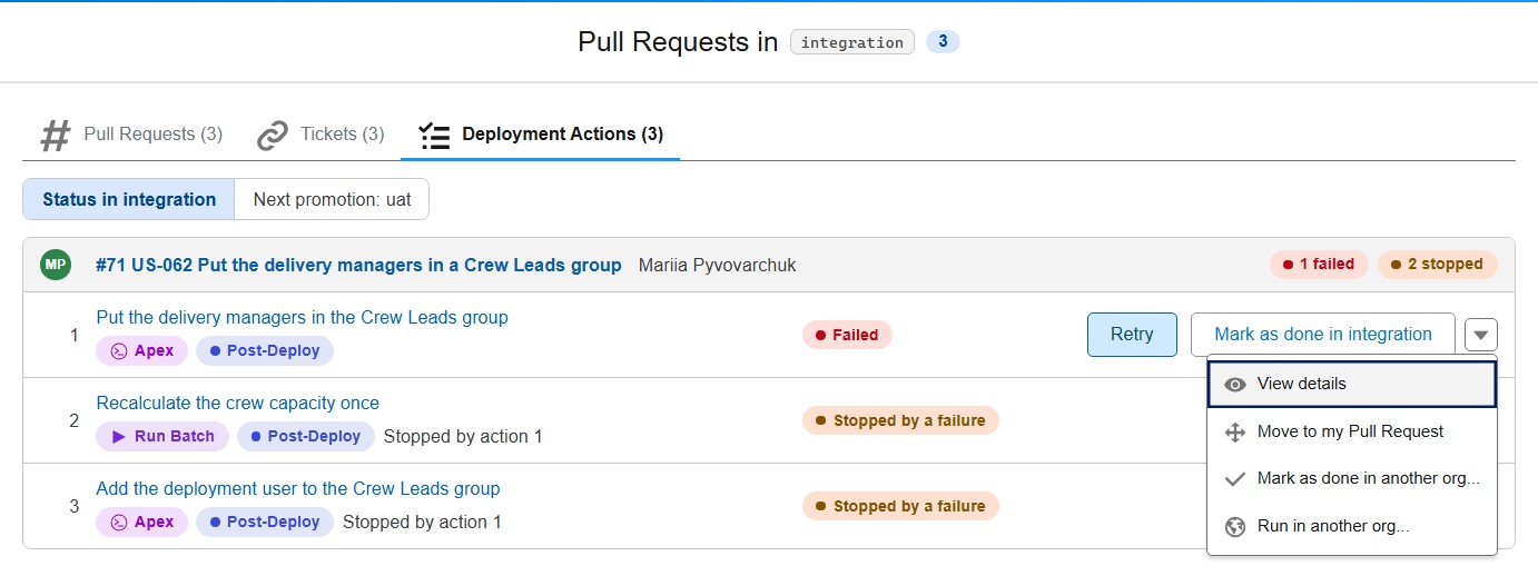 Deployment Actions tab with the status of each action and the menu of a failed one