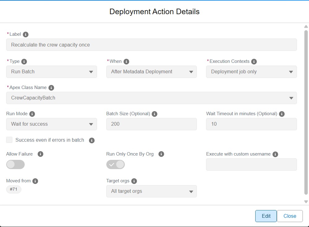 Deployment action editor showing the Pull Request the action was moved from
