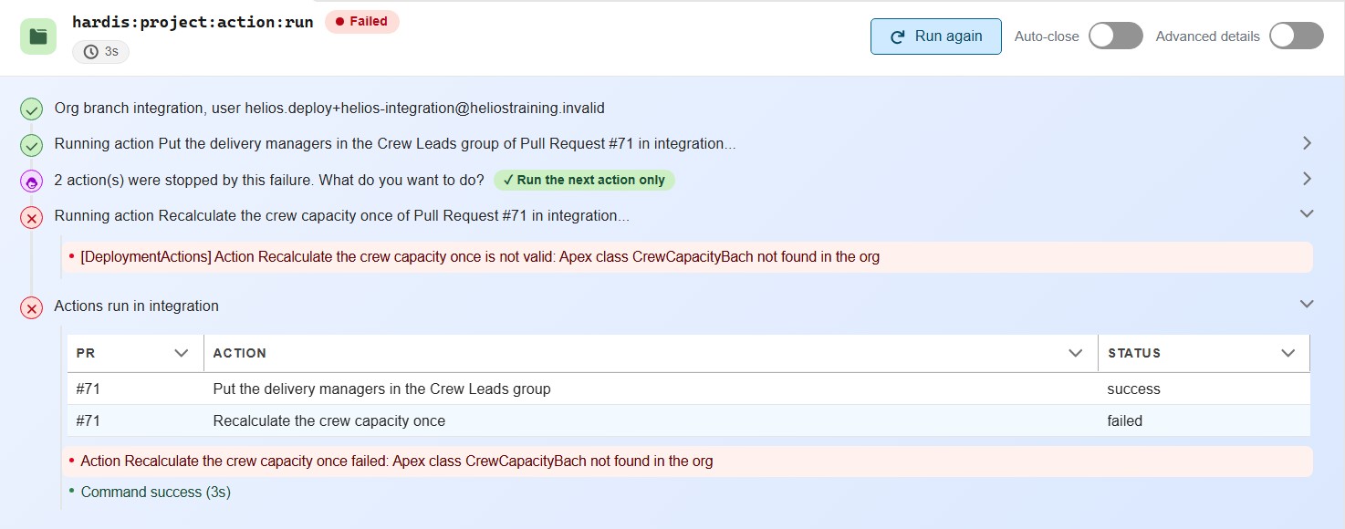 Retry of a failed deployment action in VS Code