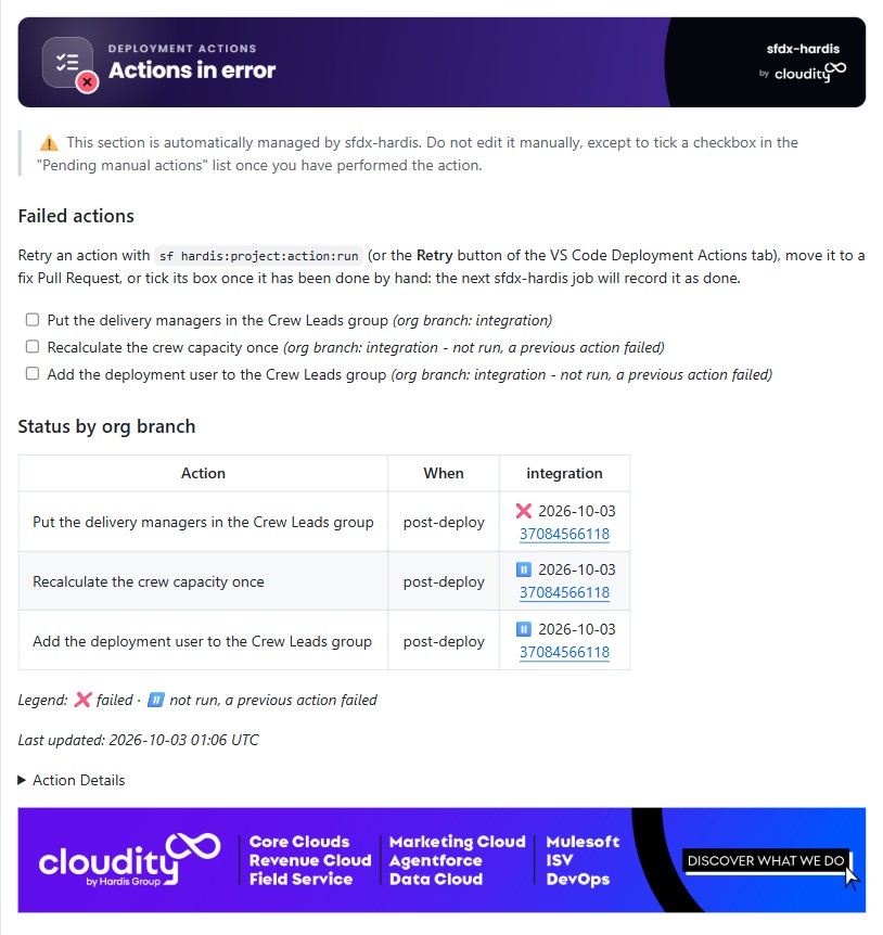 Deployment Actions comment with a failed action and two stopped ones
